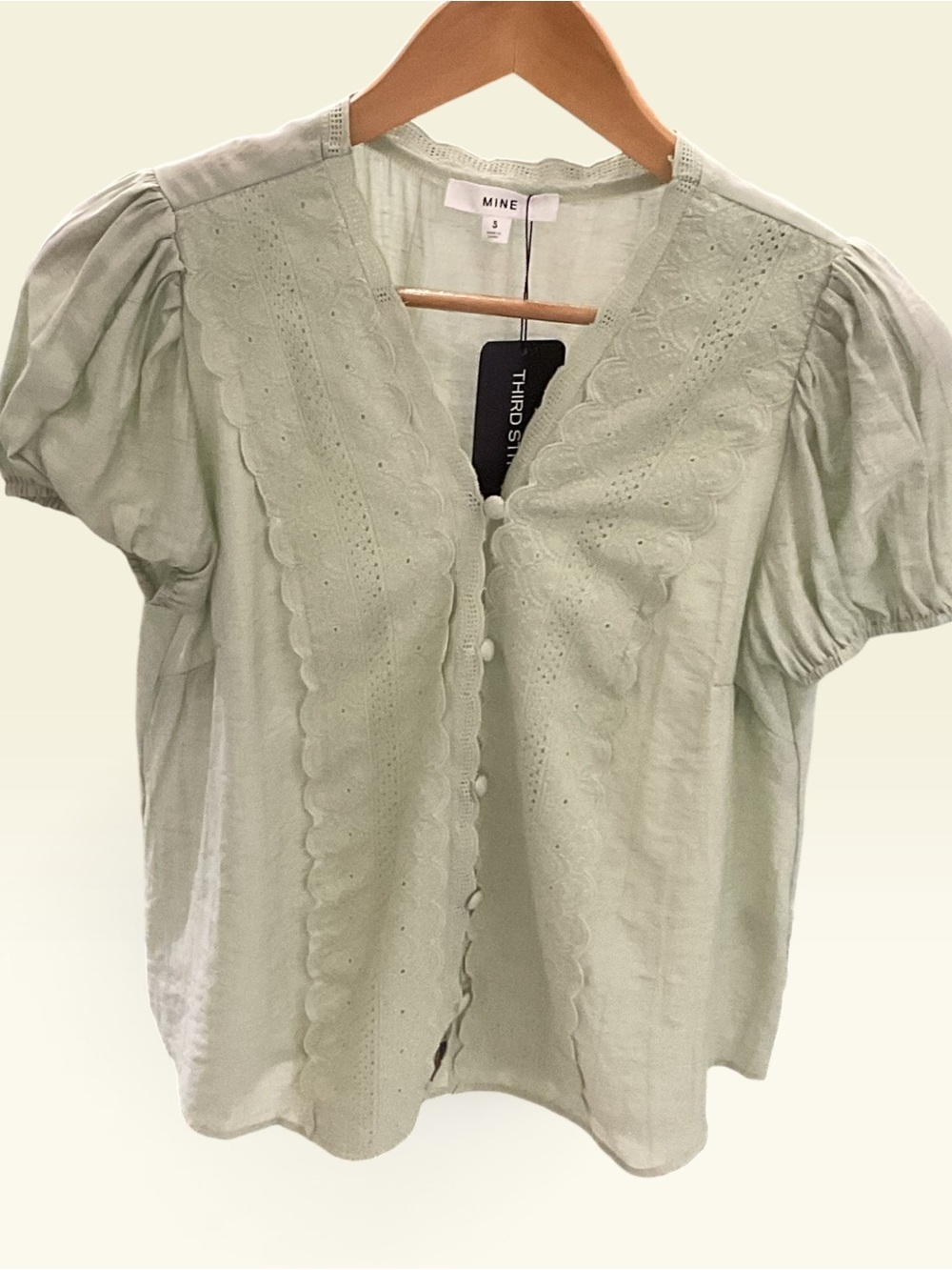 MINE Scalloped Eyelet Button-Front Blouse in Sage